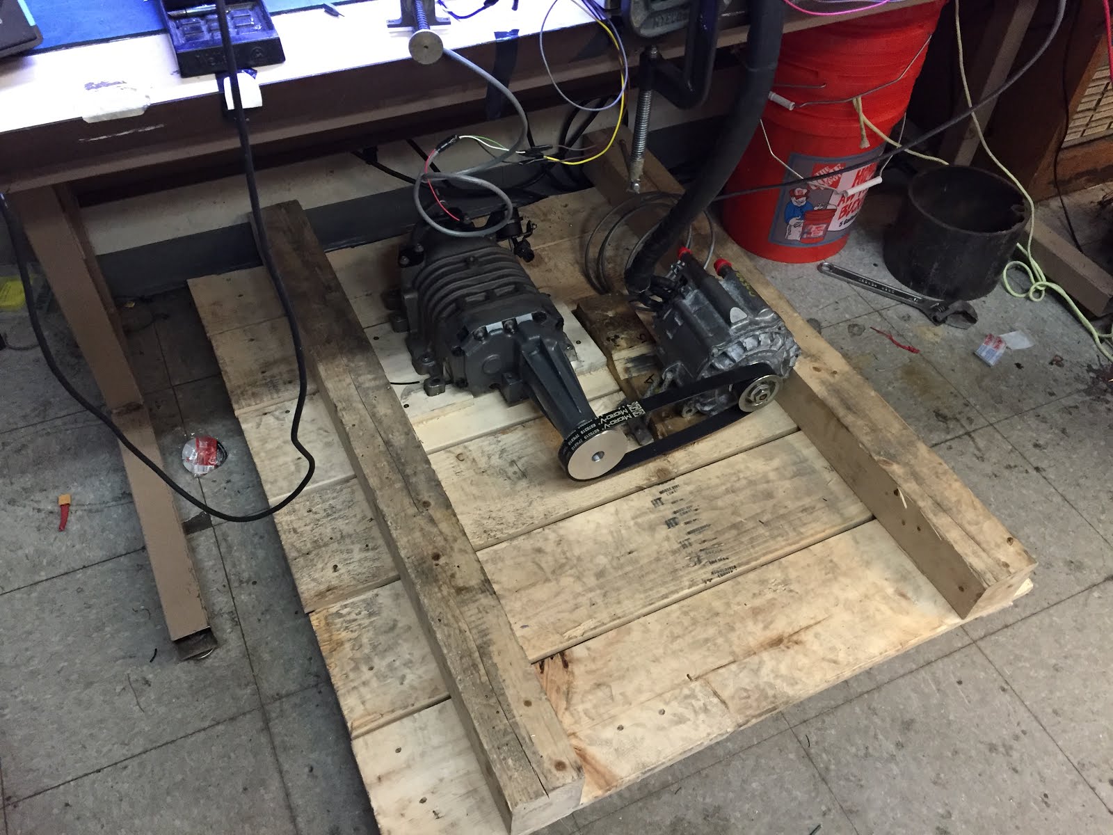 The test setup, securely mounted to a pallet